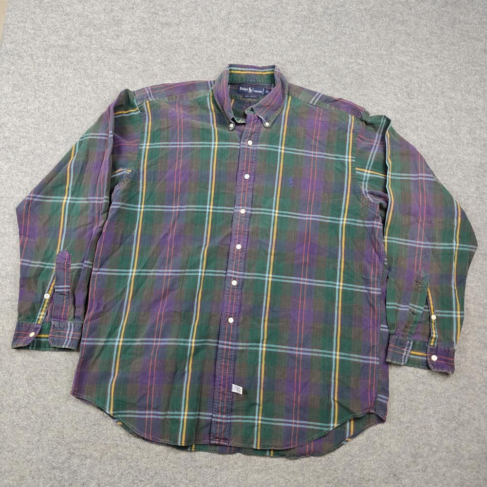 Vintage Ralph Lauren Shirt Mens XL Green Plaid 100% Cotton Long Sleeve Button-Up